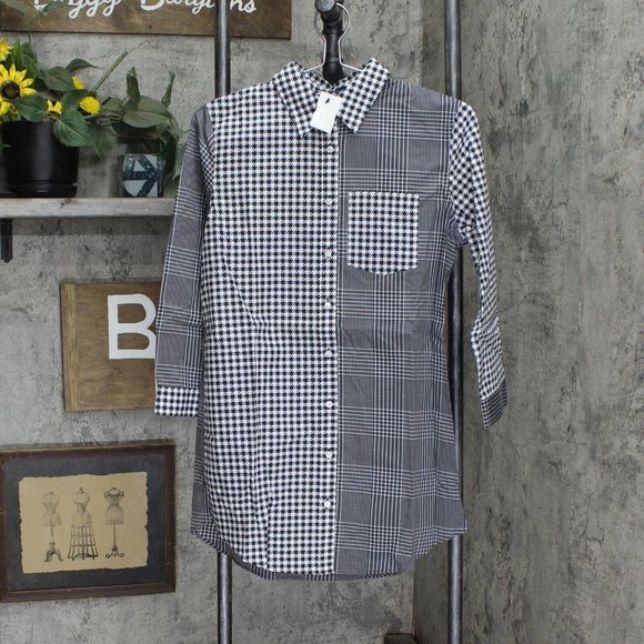 Lands End Tops - NWT Lands' End 3/4 Sleeve Tunic Top 516685 4 Tall Black Plaid Houndstooth Mix